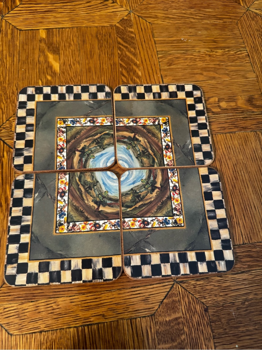 MacKenzie-Childs Black & Cream Checkered Floral Tile Coasters (Set of 4)